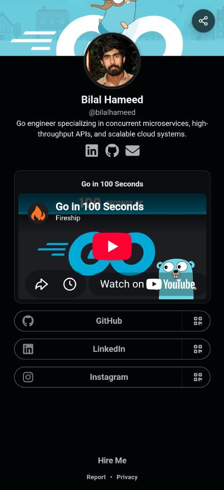 An OnlyLink page with a profile photo, bio and a YouTube video embedded above its link buttons