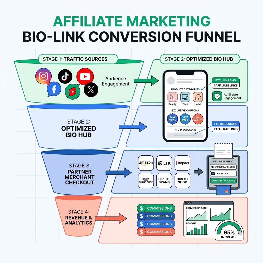 Affiliate Marketing Bio-Link Conversion Funnel Diagram