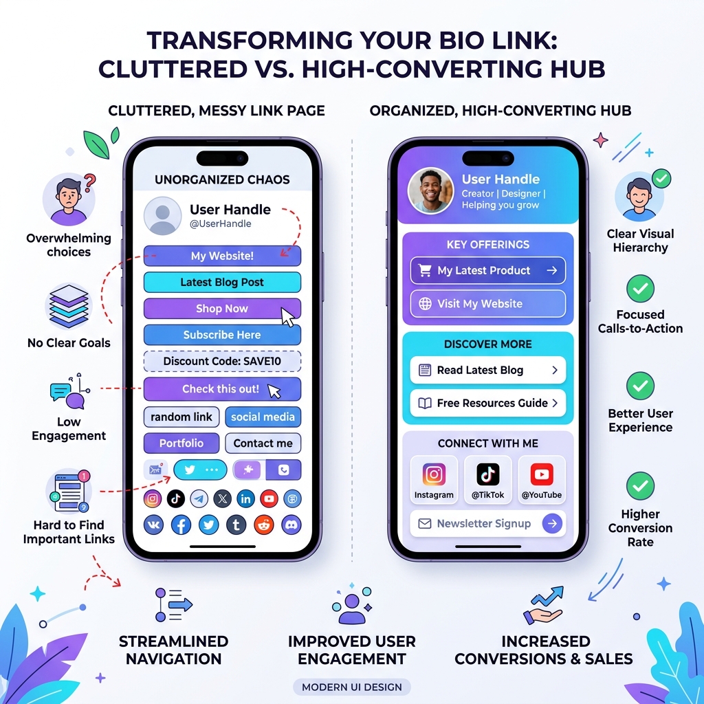 Transforming Your Bio Link: Cluttered vs High-Converting Light Theme Hub