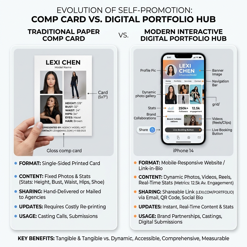 Traditional Paper Comp Card vs Modern Interactive Digital Portfolio Hub