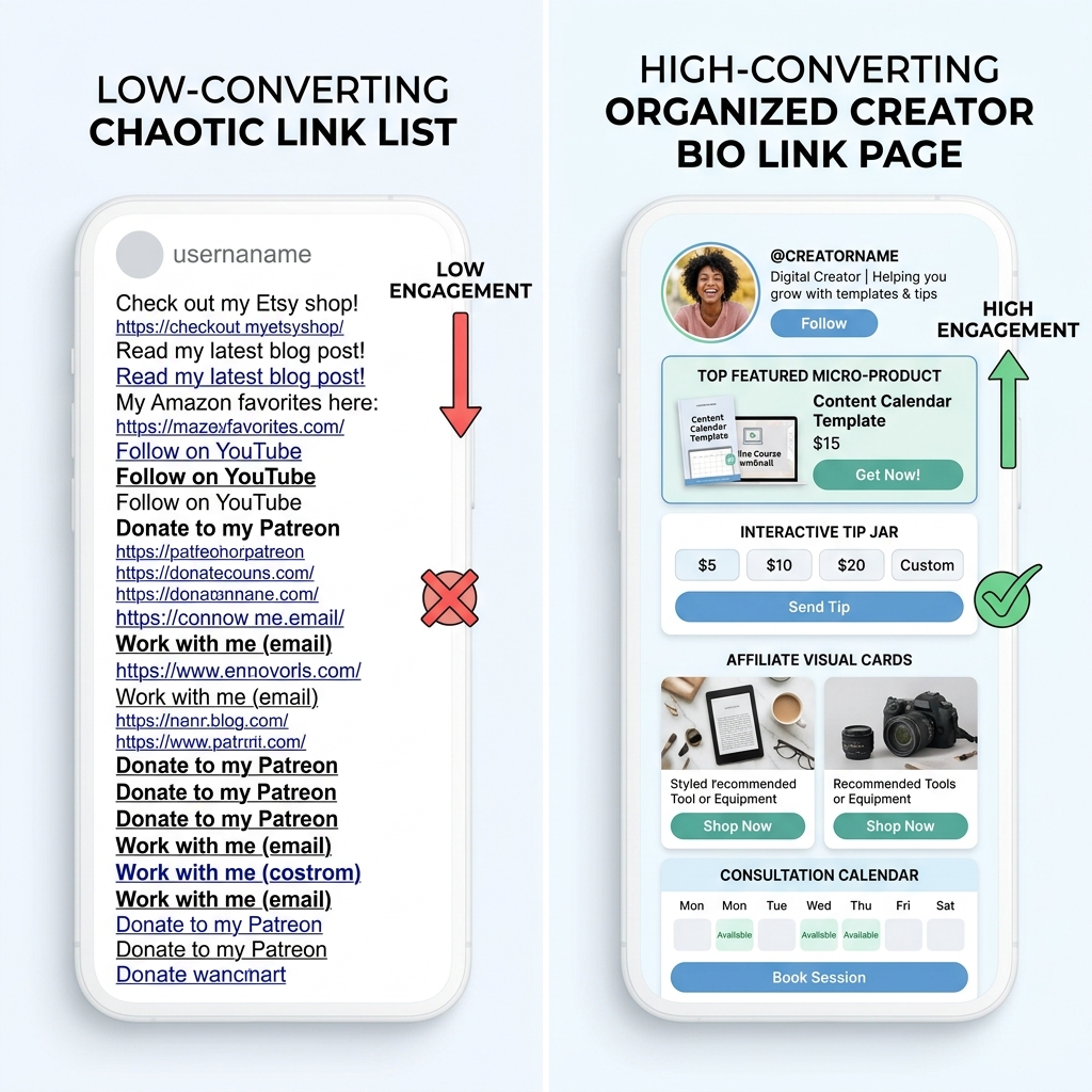 Low Converting Chaotic Link List vs High Converting Organized Light Bio Page Comparison