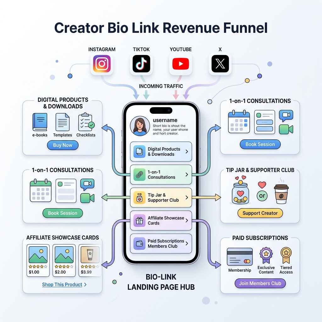 Creator Bio Link Revenue Funnel Ecosystem Light Diagram