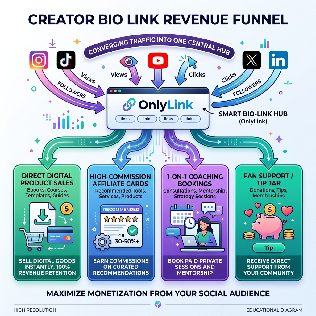 Creator Bio Link Revenue Funnel Infographic