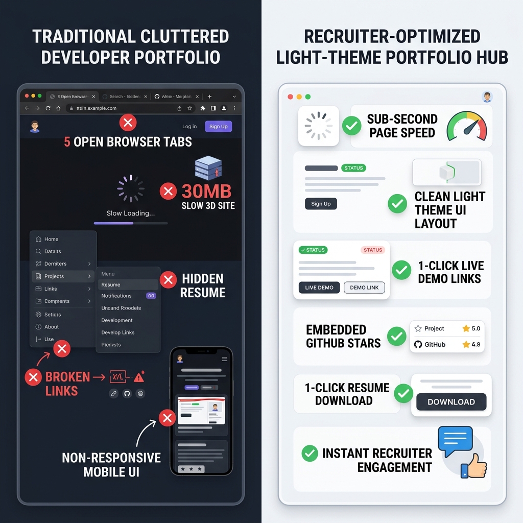 Traditional Cluttered Developer Portfolio vs Recruiter Optimized Light Theme Portfolio Hub