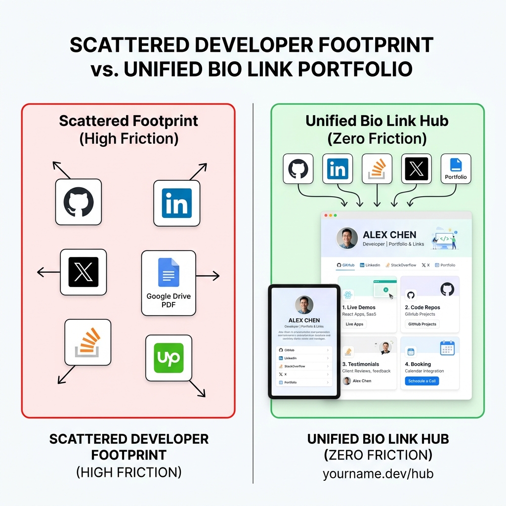 Scattered Developer Footprint vs. Unified Bio Link Portfolio