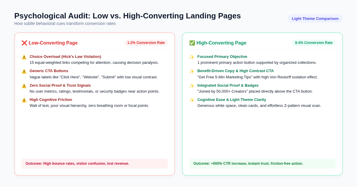 Psychological Audit Comparison Low vs High Converting Landing Page