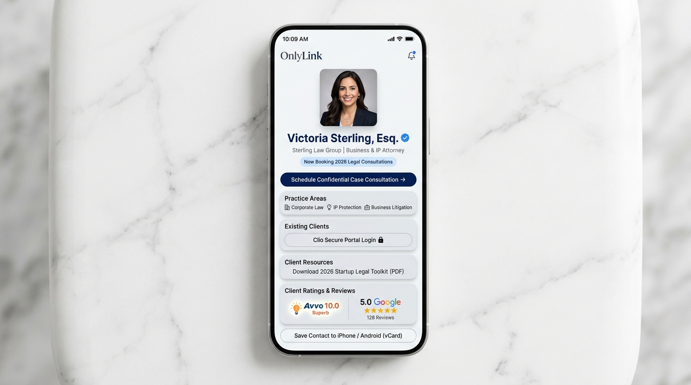 Lawyer OnlyLink Light-Theme Layout Mockup