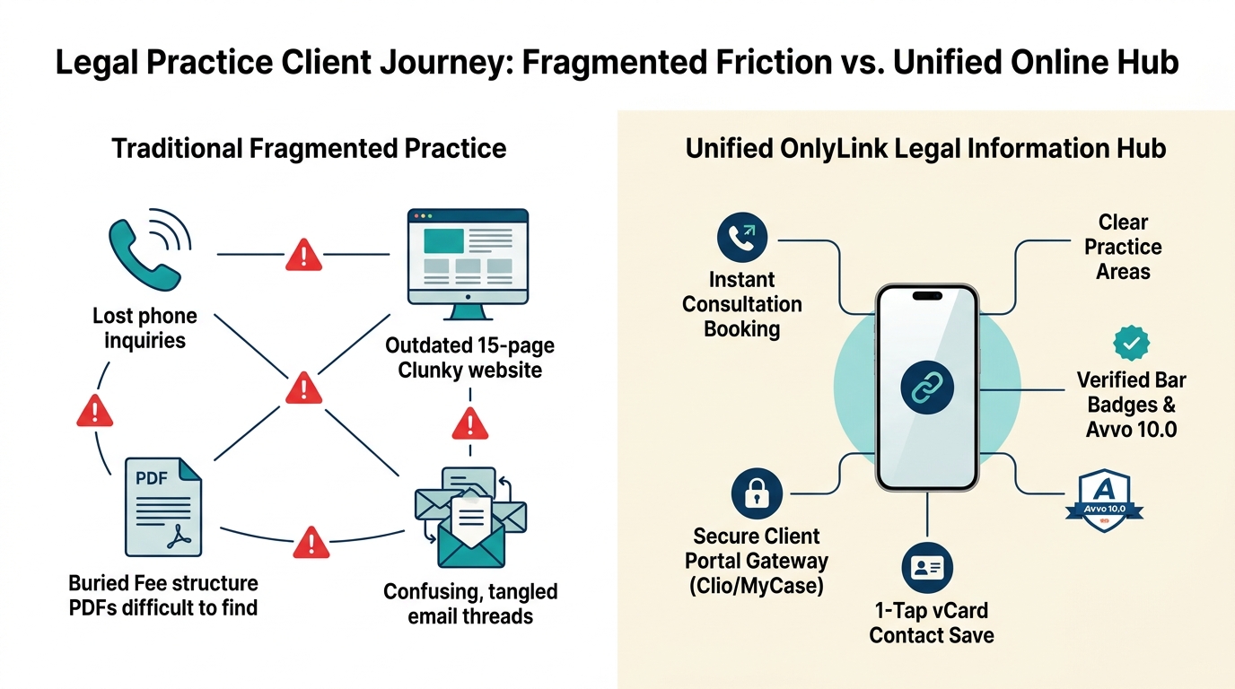 Legal Practice Client Journey: Fragmented Friction vs. Unified Online Hub Diagram