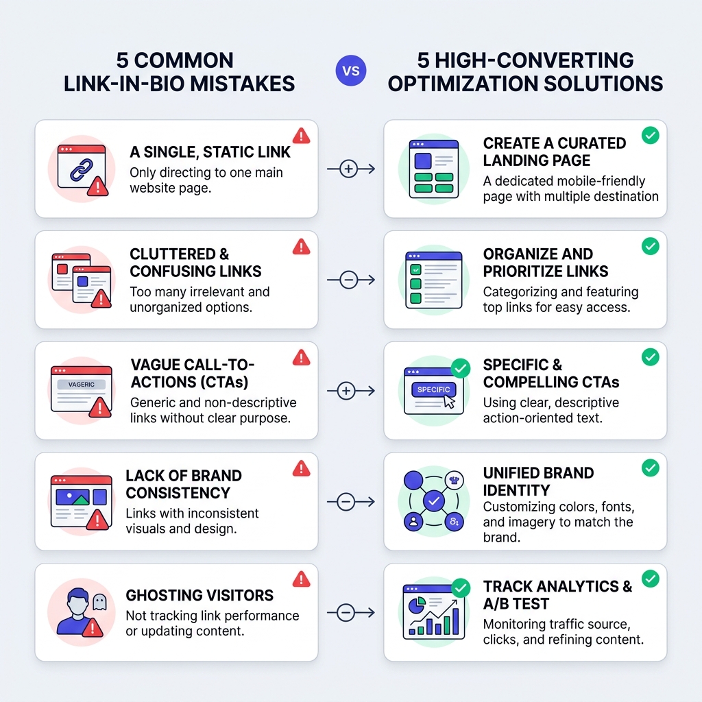 5 Common Link-in-Bio Mistakes vs 5 High-Converting Optimization Solutions