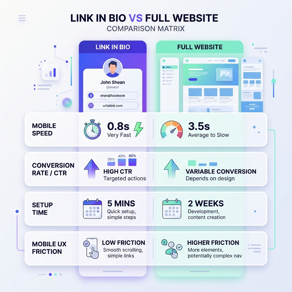 Link in Bio vs Full Website Feature Comparison Matrix