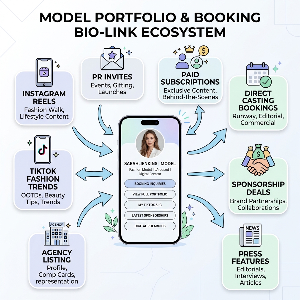 Model Portfolio & Booking Bio-Link Ecosystem Light Diagram