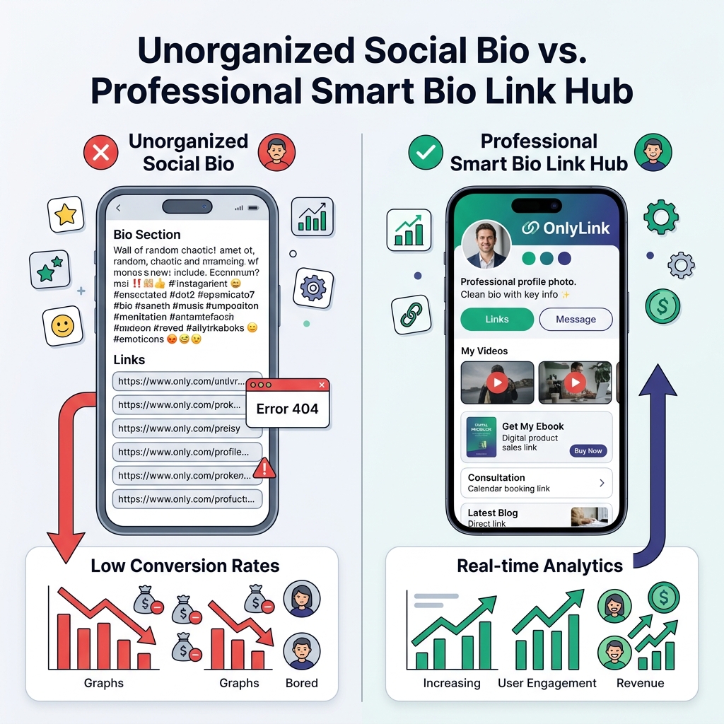Unorganized Social Bio vs. Professional Smart Bio Link Hub Infographic