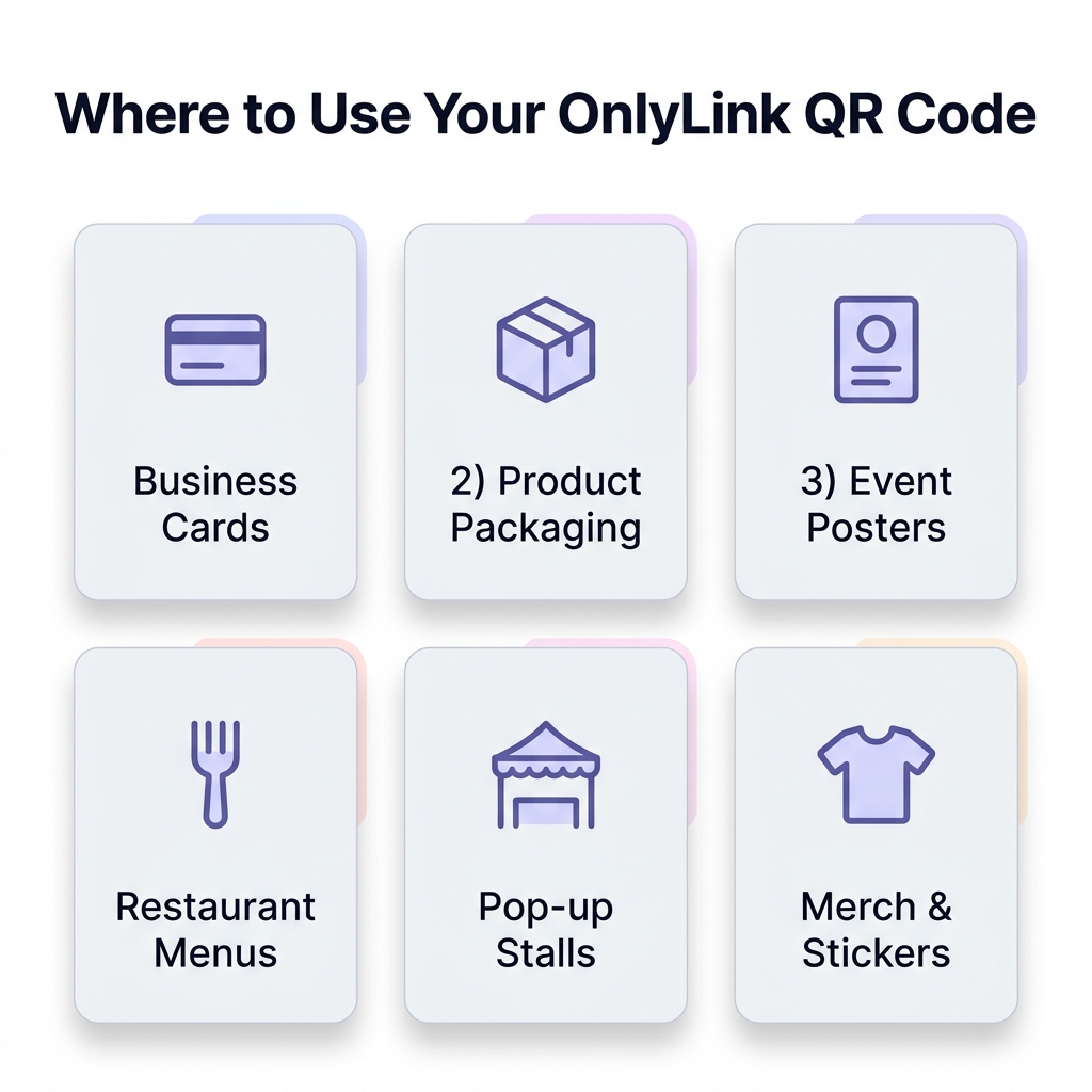 Where to Use Your OnlyLink QR Code — Use Cases Infographic