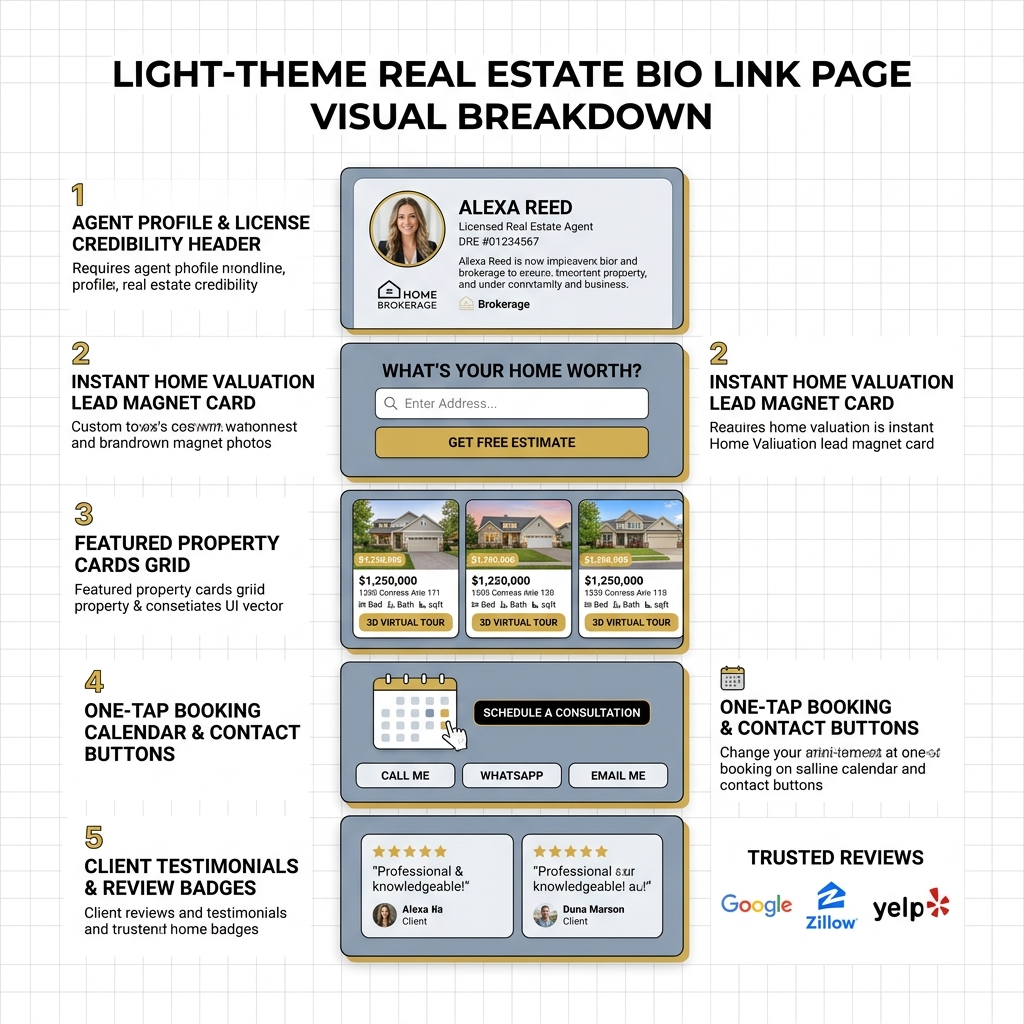 Light-Theme Real Estate Bio Link Page Visual Breakdown