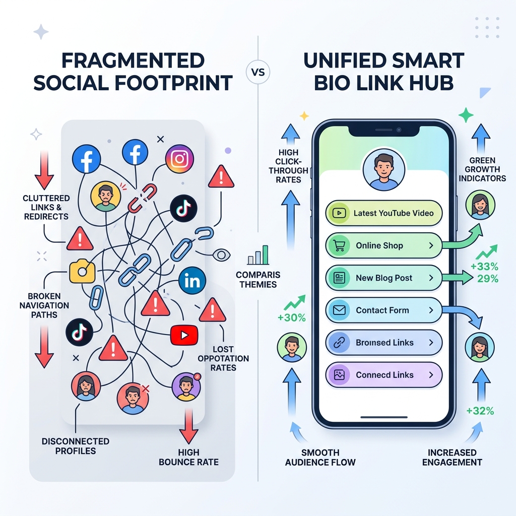Fragmented Social Footprint vs. Unified Light Theme Bio Hub