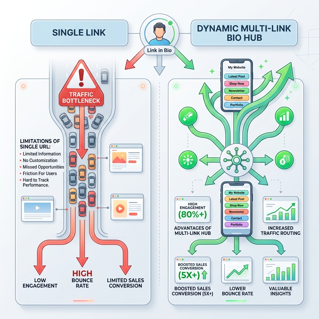 Single Link Traffic Bottleneck vs Dynamic Multi-Link Bio Hub Light Theme Comparison