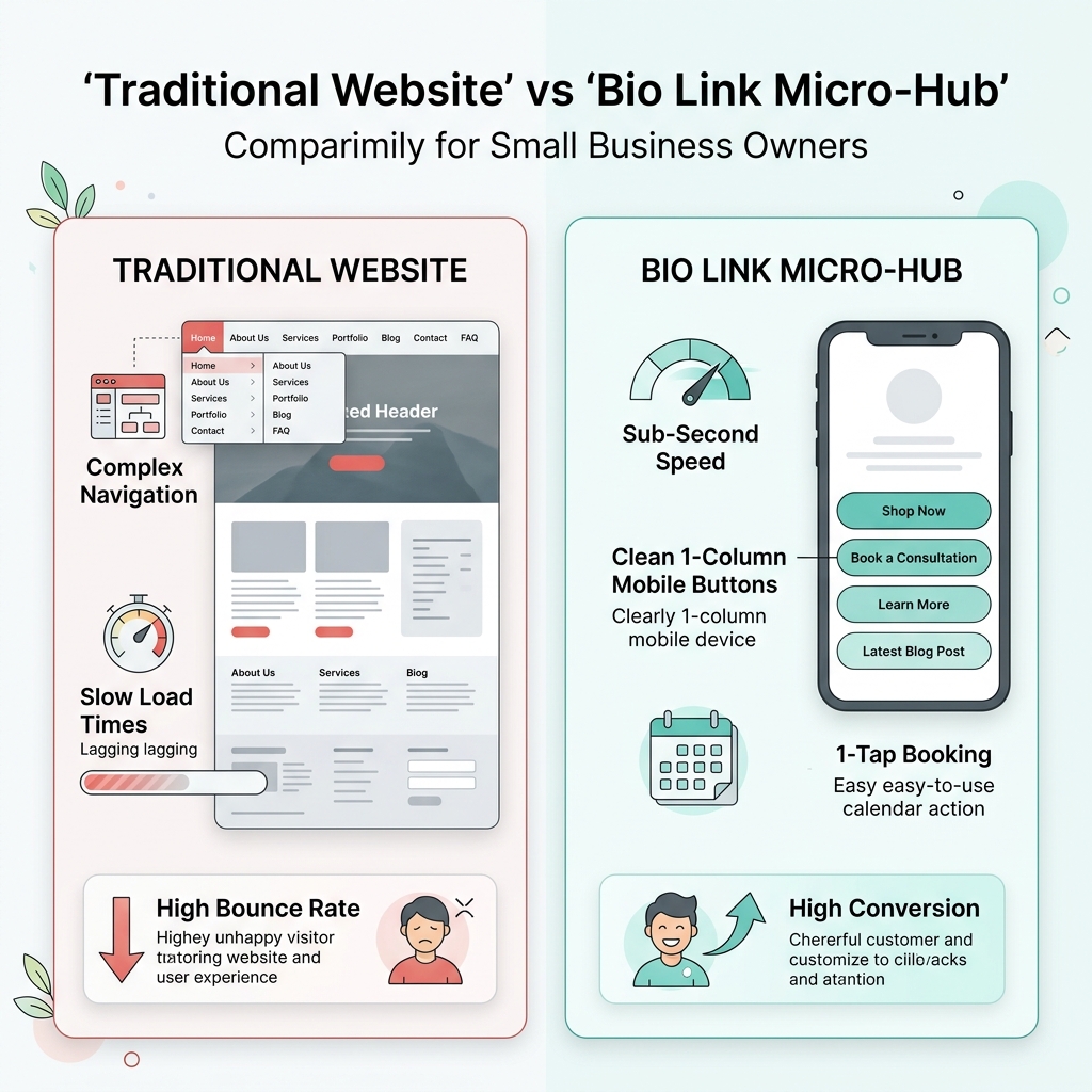 Traditional Website vs Bio Link Micro-Hub Light Theme Comparison