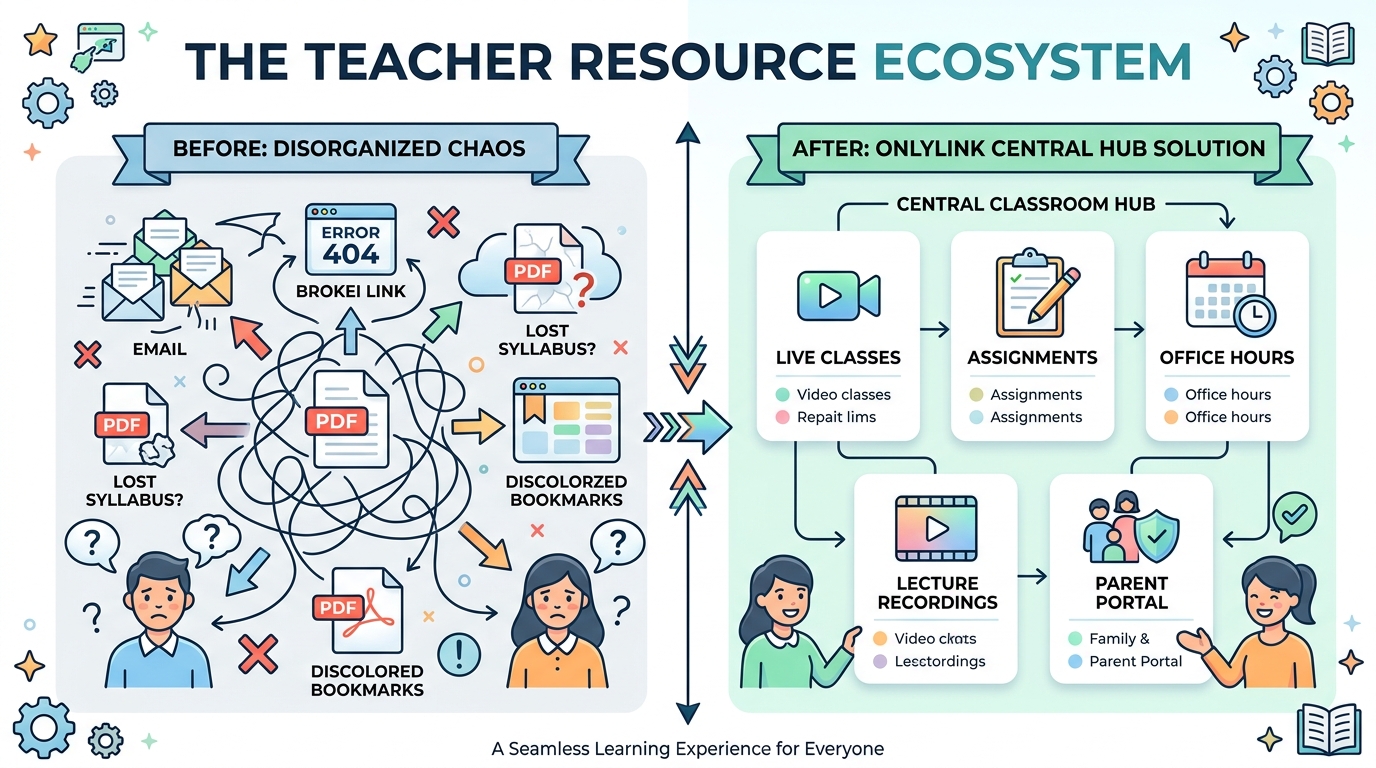 Teacher Central Hub Ecosystem: Disorganized Chaos vs Unified Central Hub Light Diagram