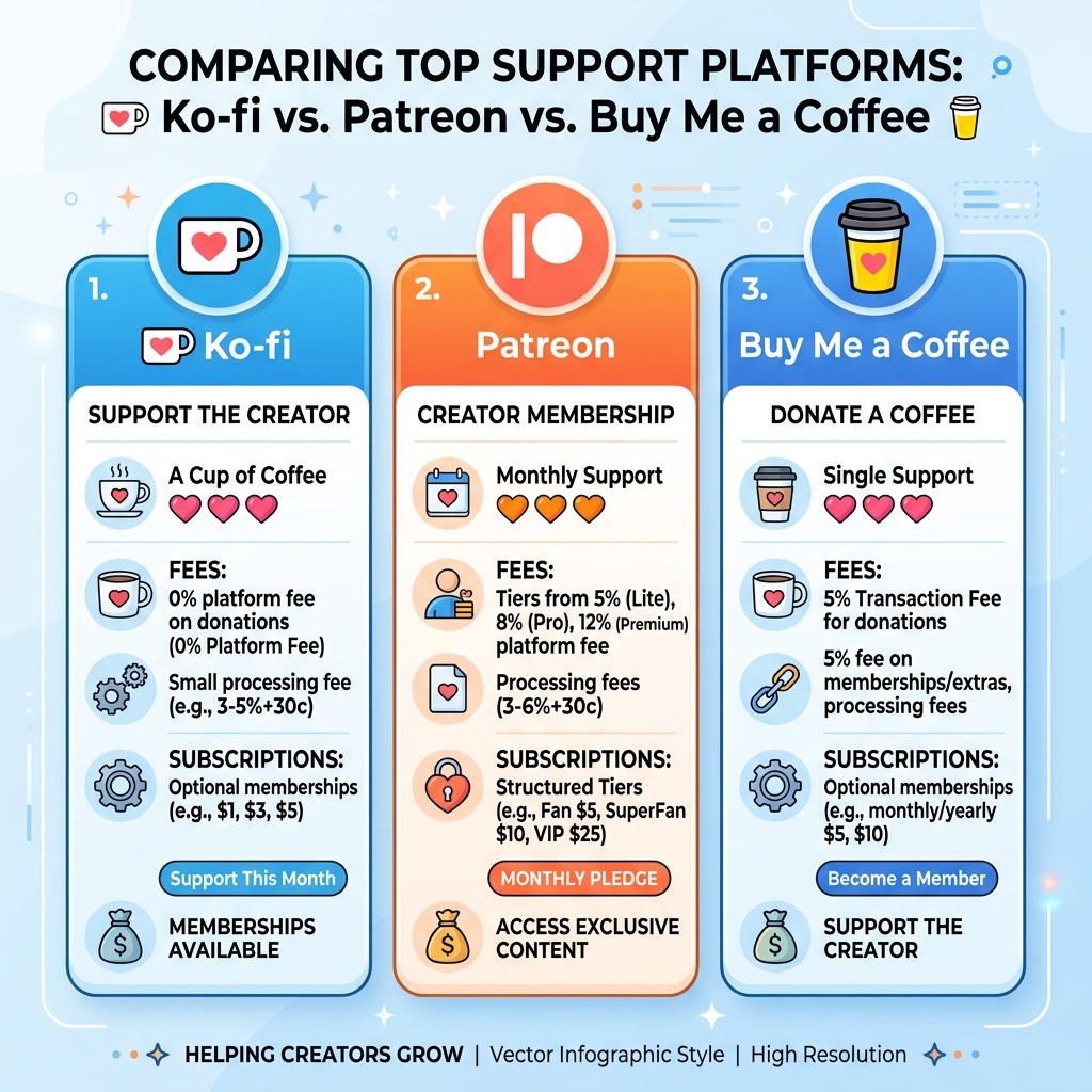 Comparing Top Support Platforms: Ko-fi vs. Patreon vs. Buy Me a Coffee