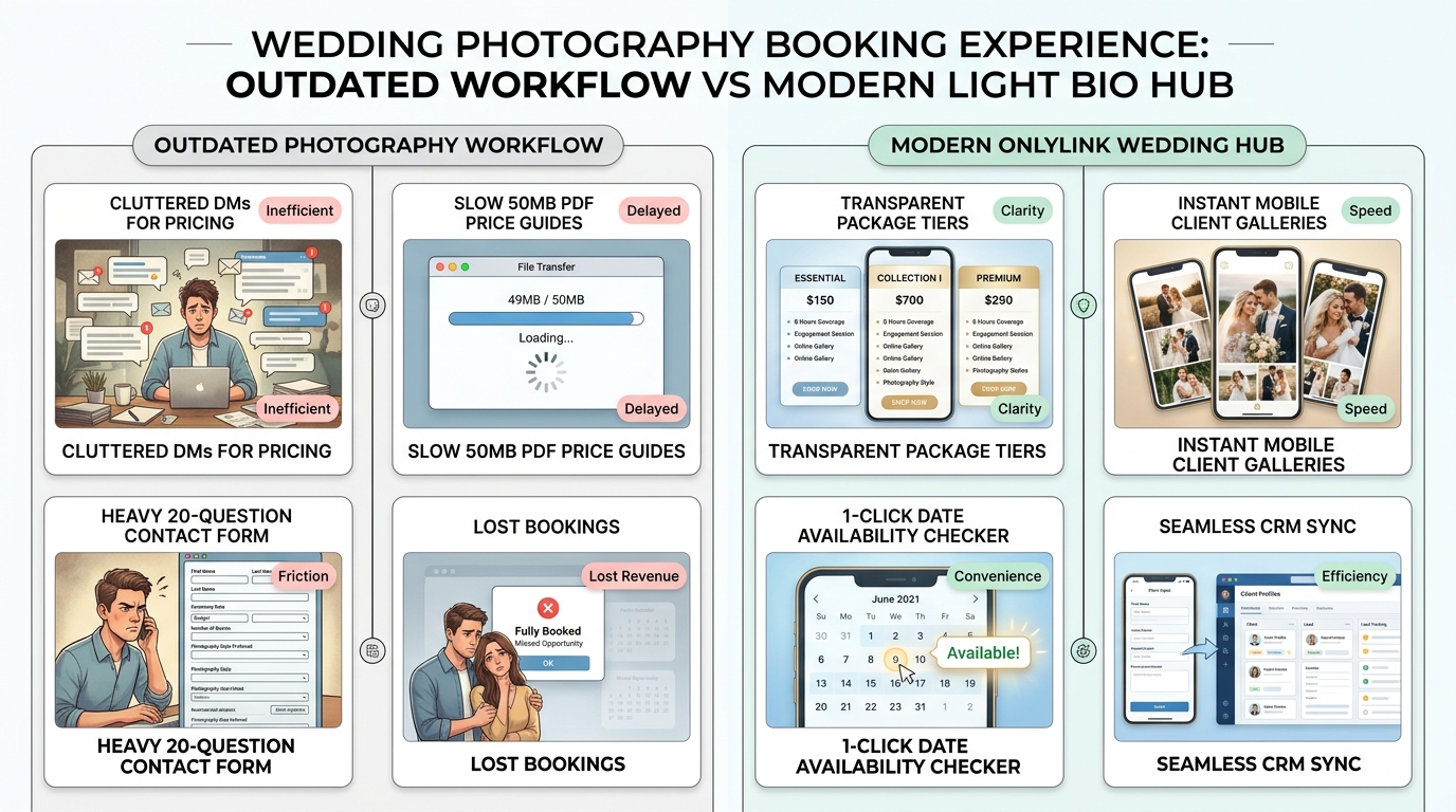 Wedding Photography Booking Experience: Outdated Workflow vs Modern Light Bio Hub