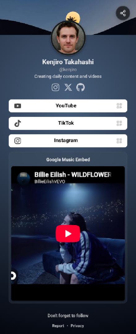 An OnlyLink page with a YouTube video embedded below its link buttons